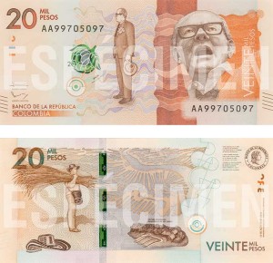 The new 20,000 peso Colombia banknote.