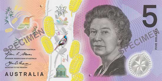 The front of the new Australian five dollar banknote issued 2016.