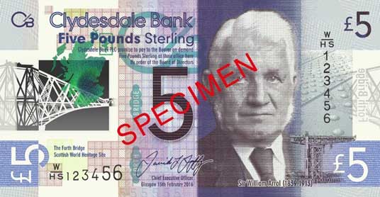 The new Scotland polymer £5 banknote issued by Clydesdale Bank.