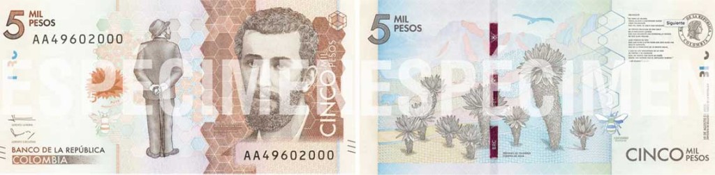 Image of the front and back of the new Colombian 5000-peso banknote issued 2016