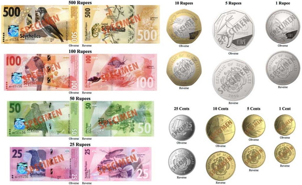 The new Seychelles banknote and coin family, issued 2016.