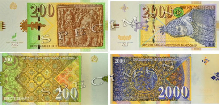 The new 200 and 2000 Denar banknotes from Macedonia.