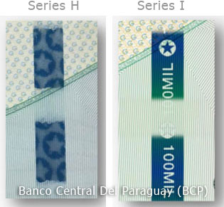 Image of threads used in the old and new 50,000 Paraguay banknote.