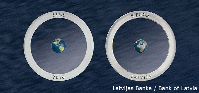 An image of the 5 euro collector coin from Latvia, "The Earth".