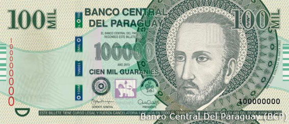 Image of the upgraded 100,000 Paraguay banknote.