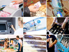 Montage of images showing cash in use.