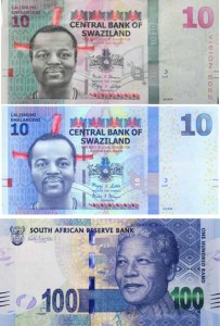 Comparison of the Swaziland 10 and SA 100 banknotes. 