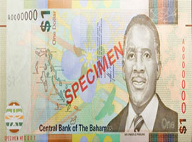 Thumbnail image of the Bahamas one dollar banknote issued 2017.