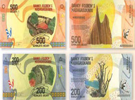 Thumbnail image of the latest Madagascan banknote family denominations.