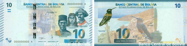 Image of the Bolivia 2018 Bs 10 banknote.