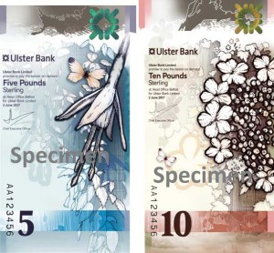 Images of the Ulster Bank polymer £5 and £10 banknotes.