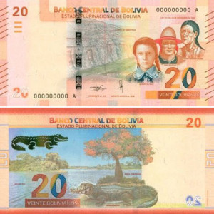 Image of the 2018 20 boliviano banknote from Bolivia. 