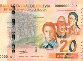 Bolivia_20_2018-thumbnail Thumbnail image of the 2018 20 boliviano banknote from Bolivia.