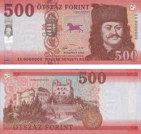 Image of the front and back of the soont o be issued 500 forint banknote. 