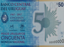 Thumbnail image of the Uruguay commemorative polymer 50 banknote 2018.