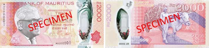 Image of Mauritius Rs2000 banknote printed on Safeguard polymer substrate. 